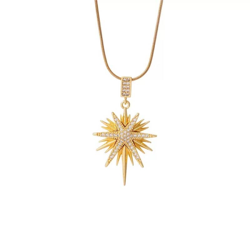 Mercury brand tarnish-resistant gold starburst pendant necklace made of 18k gold plated stainless steel, minimalist waterproof celestial jewelry.