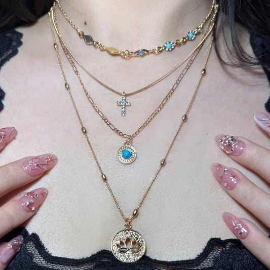 Layered Stainless Steel Necklace with Cross & Lotus Pendant - 18K Gold Plated