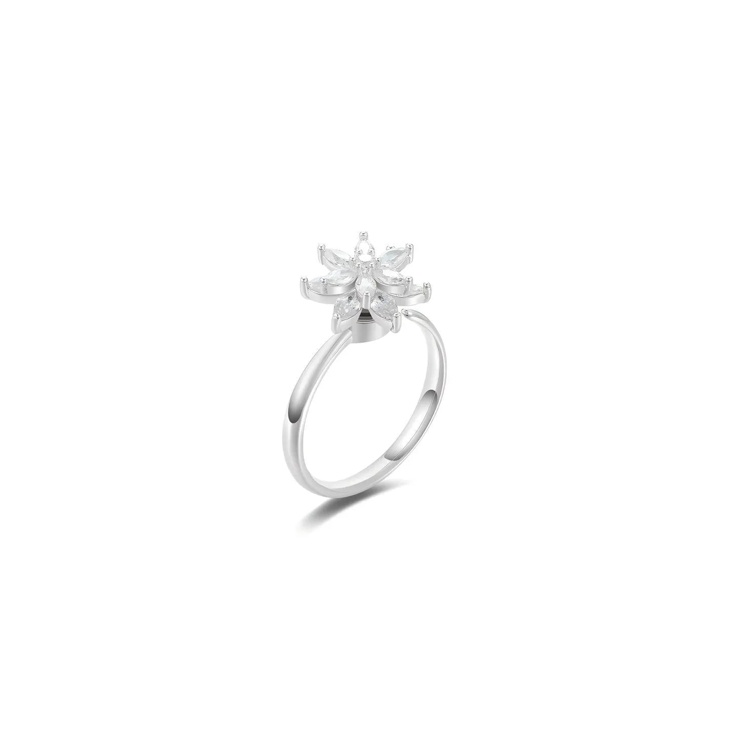 Minimalist 316L stainless steel spinning flower fidget ring for anxiety relief by Mercury jewelry, featuring a high-end rotatable floral design on a clean white background.