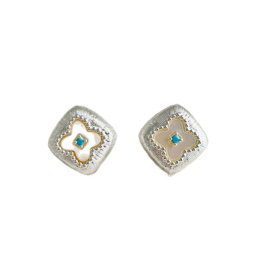 Mercury jewelry vintage clover-shaped stud earrings featuring natural mother of pearl inlay and a center turquoise stone set in textured silver-tone stainless steel.