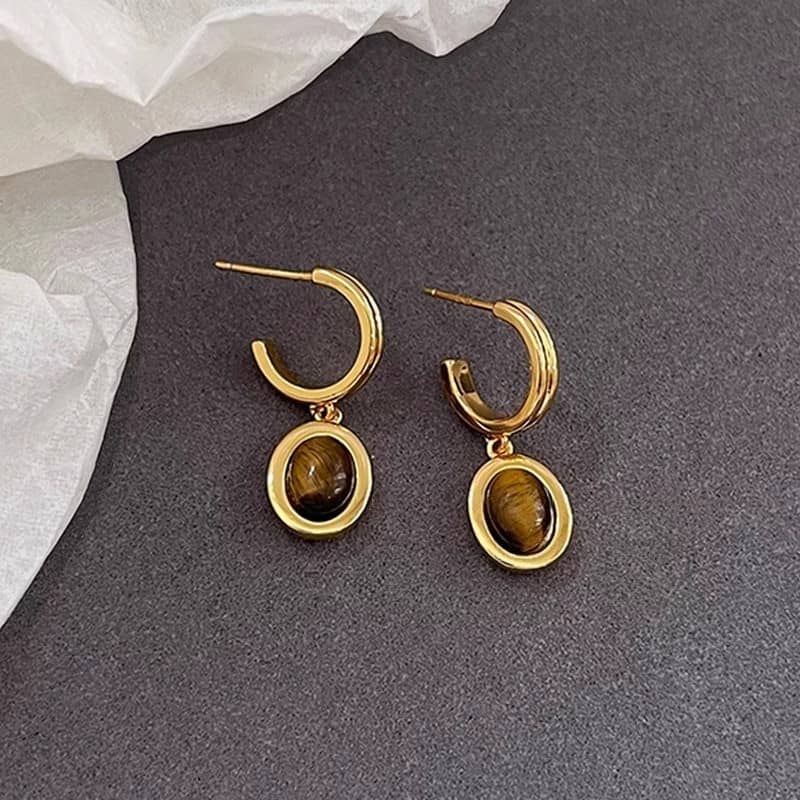 "Earth & Gold" Set: Layered Tiger's Eye Beaded Necklace, Pendant & Drop Earrings