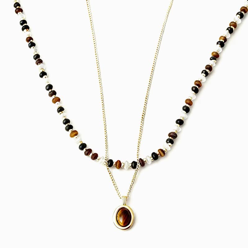 "Earth & Gold" Set: Layered Tiger's Eye Beaded Necklace, Pendant & Drop Earrings