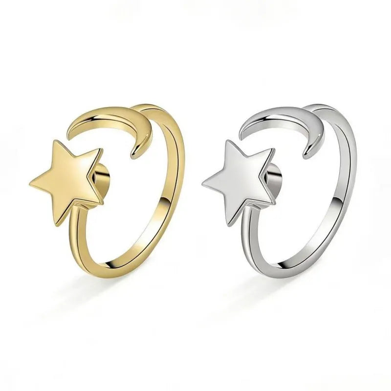 Two minimalist open-wrap rings in gold and silver finishes, featuring a crescent moon and a rotatable five-point star set with high-grade AAA cubic zirconia.