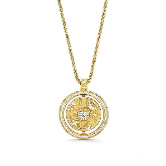 Mercury rotating celestial lucky necklace with 18k gold plating, AAA zircons, and a spinnable star-and-moon-engraved pendant on a chain, isolated on white.