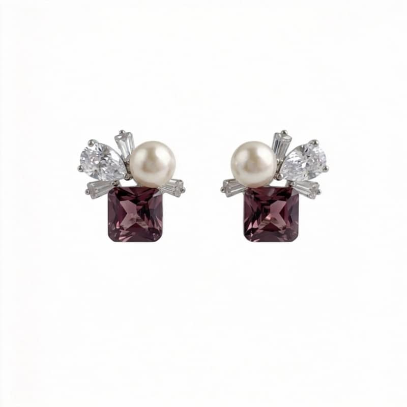 Mercury jewelry: Purple square crystal stud earrings with white pearl and teardrop zircon cluster, minimalist luxury style.