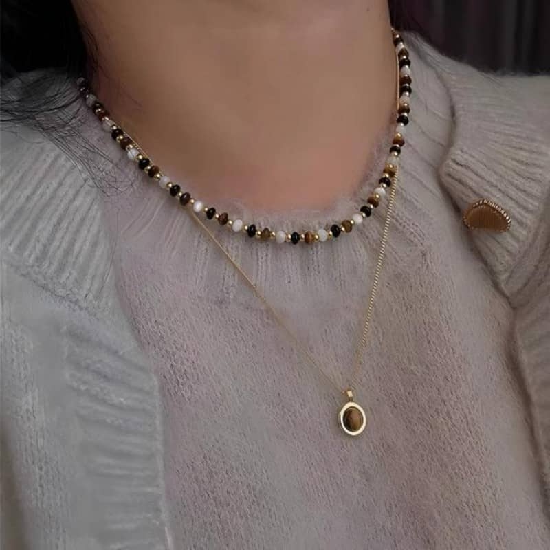 "Earth & Gold" Set: Layered Tiger's Eye Beaded Necklace, Pendant & Drop Earrings