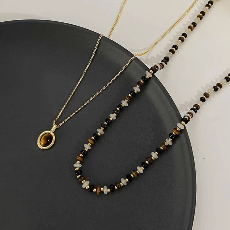 "Earth & Gold" Set: Layered Tiger's Eye Beaded Necklace, Pendant & Drop Earrings